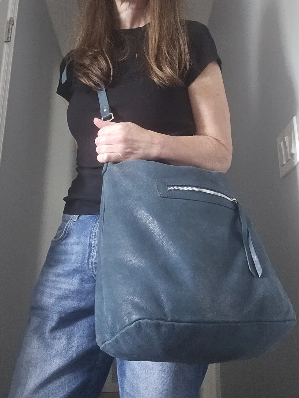 Gianni Chiarini Large Teal Blue Italian Leather Hobo Bag Silver Hardware